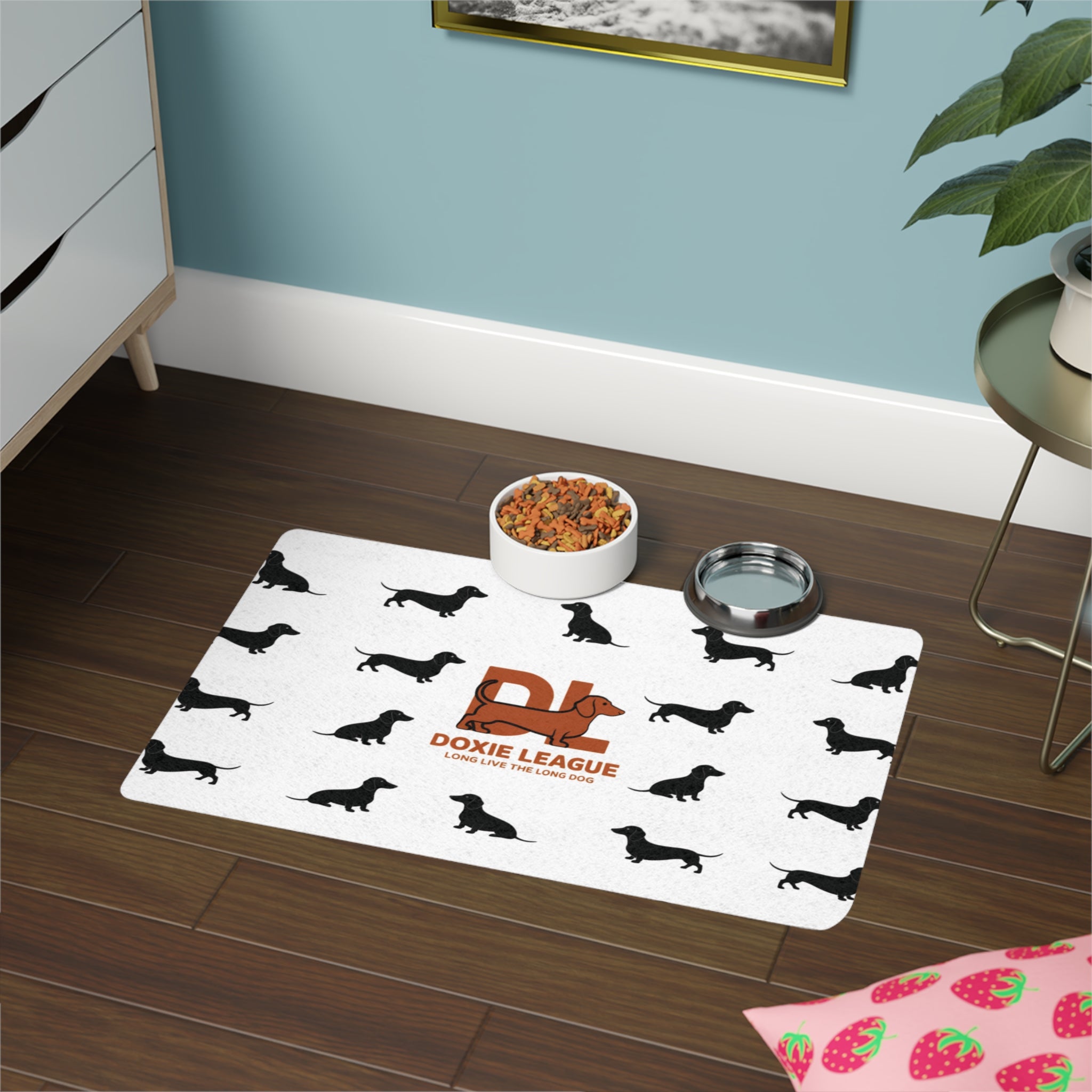 Doxie League Pet Food Mat | Dachshund Pattern Dog Mat | Non-Slip Pet Feeding Mat
