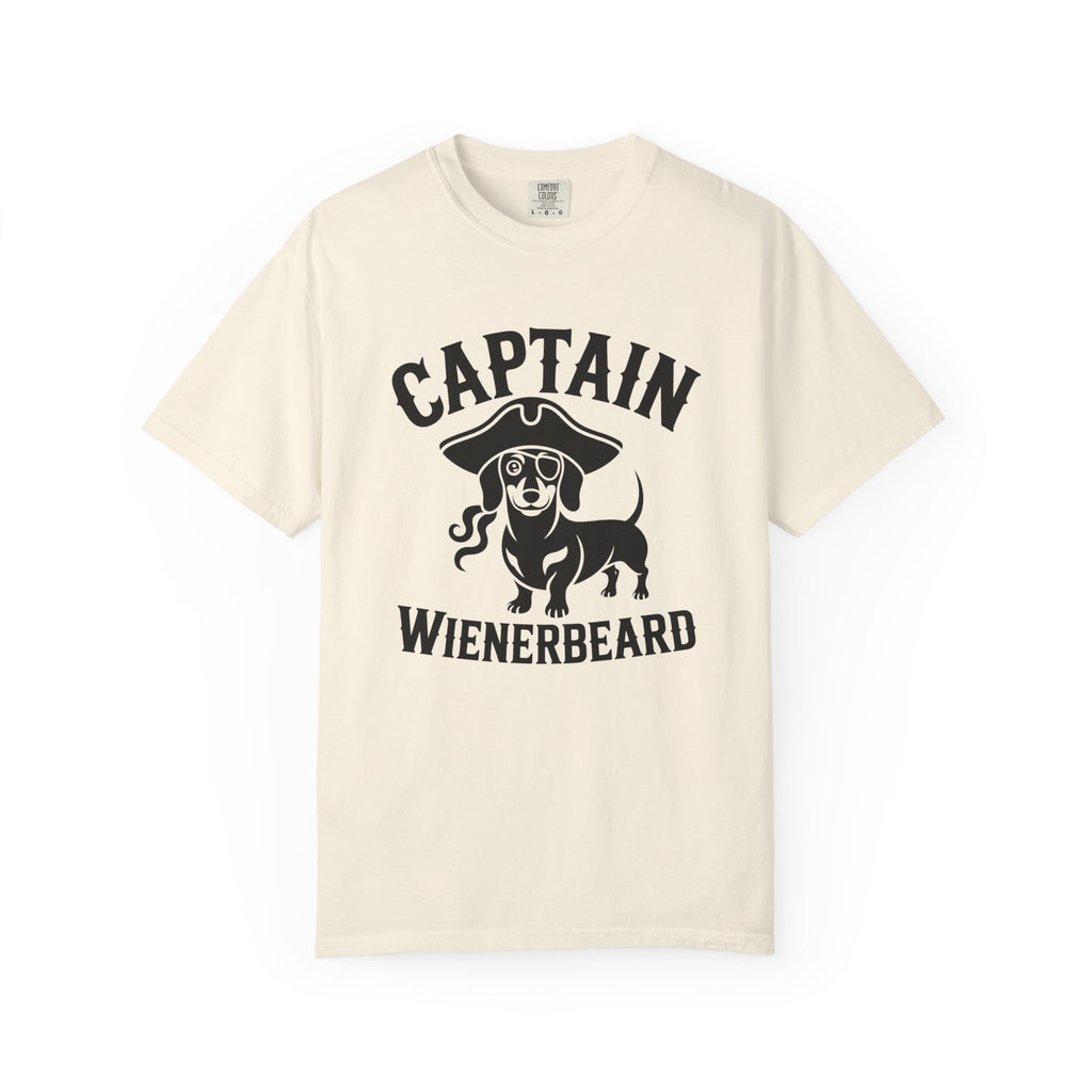 Captain Wienerbeard pirate dachshund graphic t-shirt — funny wiener dog tee by Doxie League