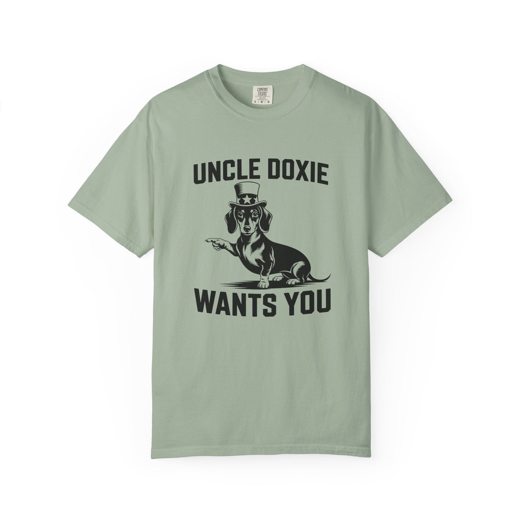 Uncle Doxie Wants You Uncle Sam dachshund pointing paw graphic t-shirt — patriotic wiener dog tee by Doxie League