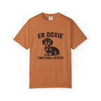 ER Doxie Emotional Rescue dachshund stethoscope graphic t-shirt — funny wiener dog healthcare tee by Doxie League