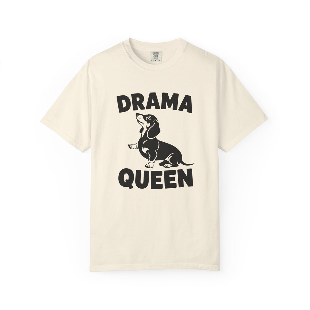 Drama Queen dachshund raised paw graphic t-shirt — funny wiener dog tee by Doxie League