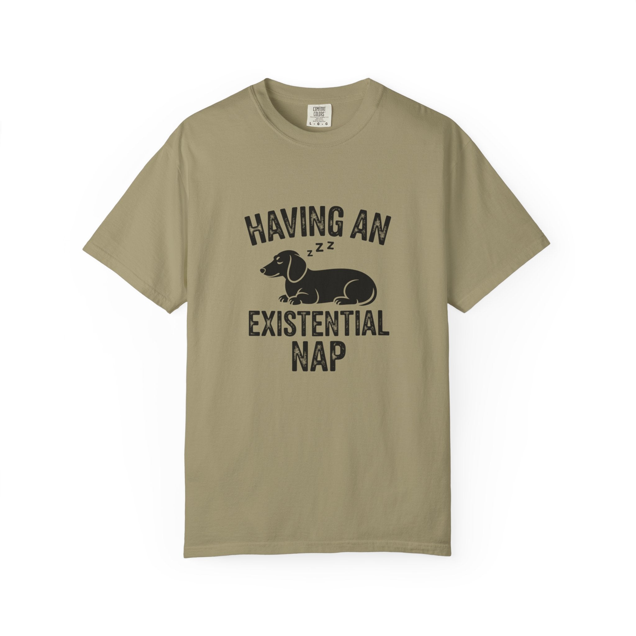 Having an Existential Nap sleeping dachshund graphic t-shirt — funny wiener dog tee by Doxie League